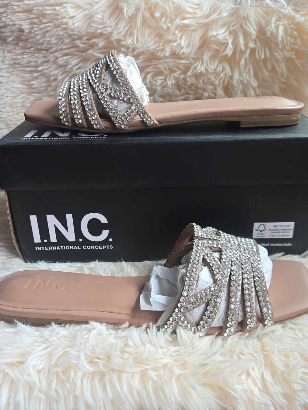 NEW INC International Concepts Nude Rhinestone Embellished Slide Sandals